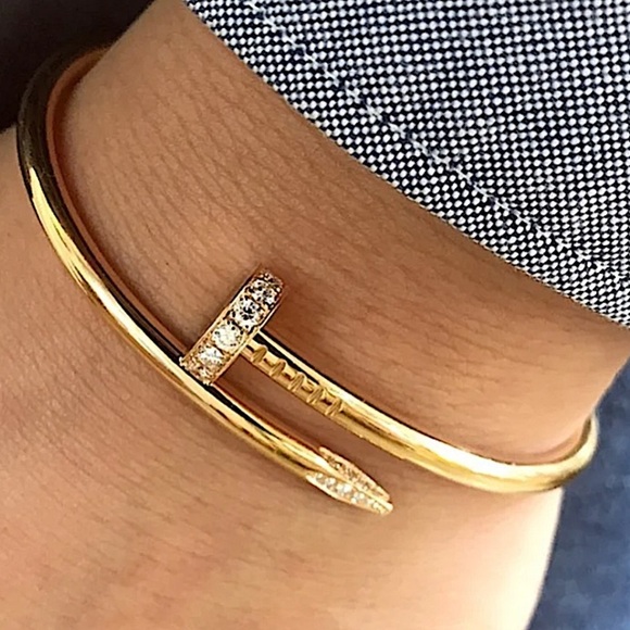 Gold Plated Nail Screw Tack Zircon Detail Bangle Bracelet - Picture 1 of 9